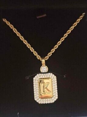 Gold Over 925 Silver Initial K Pendant Necklace with Cubic Zirconia Accent